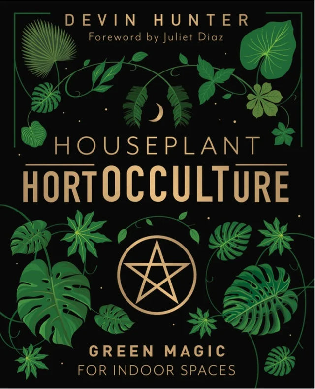 Houseplant book cover with green leaves, pentagram, crescent moon, and mystical indoor plant theme