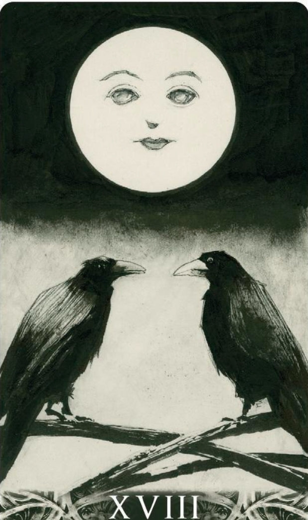 Tarot card illustration with two ravens under a full moon with a face, labeled XVIII.