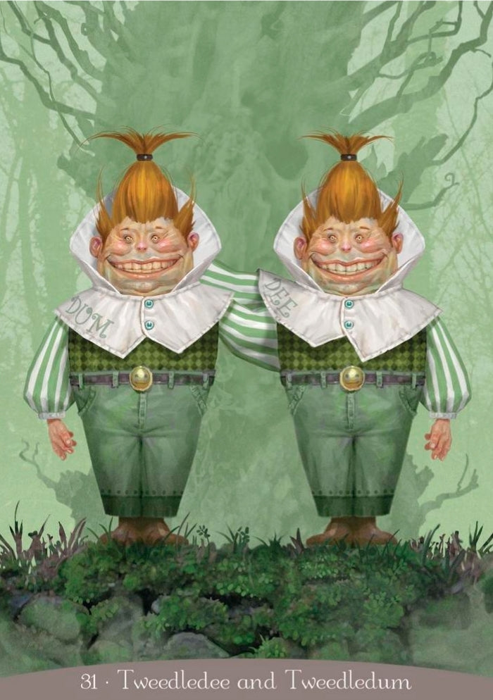 Fantasy art of two identical whimsical twins, Tweedledee and Tweedledum, in a mystical forest.