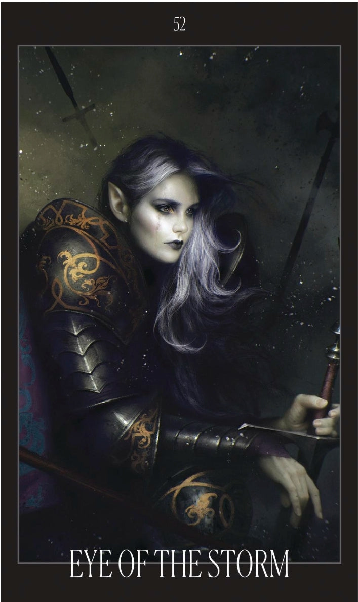 Fantasy elf warrior with pointed ears, ornate black armor, silver hair, holding sword, mystical card art