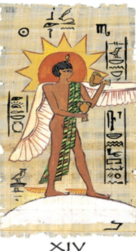 Egyptian-inspired tarot card with winged figure, sun, and ancient symbols, card XIV