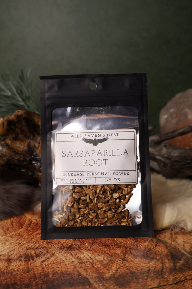 Sarsaparilla Root dried herb in a 1/2 oz Wild Raven's Nest bag, Increase Personal Power