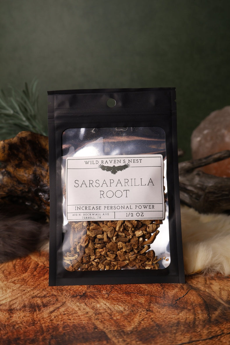 Sarsaparilla Root dried herb in a 1/2 oz Wild Raven's Nest bag, Increase Personal Power