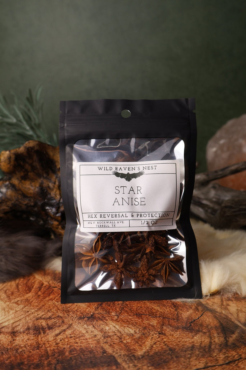 Star Anise dried herb in a 1/2 oz Wild Raven's Nest bag, Hex Reversal & Protection