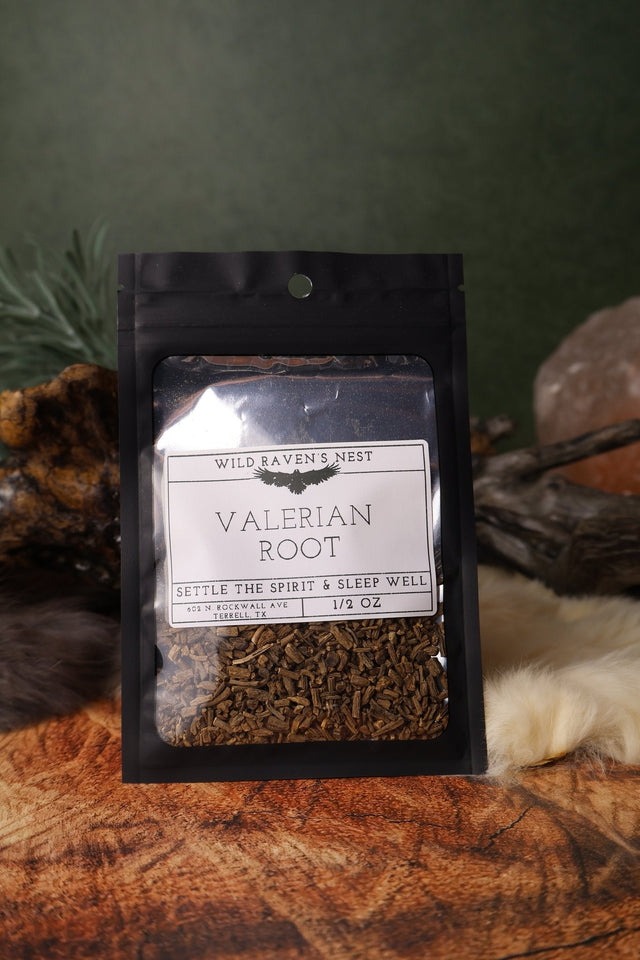 Valerian Root dried herb in a 1/2 oz Wild Raven's Nest bag, Settle the Spirit & Sleep Well