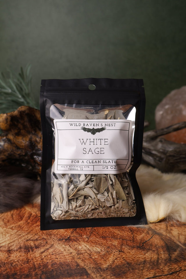 White Sage Loose Leaf dried herb in a 1/2 oz Wild Raven's Nest bag, For a Clean Slate
