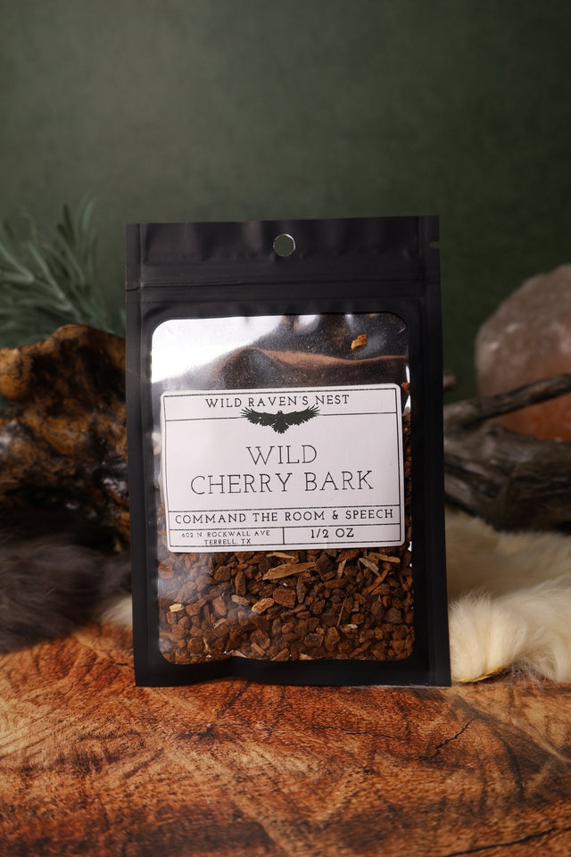 Wild Cherry Bark dried herb in a 1/2 oz Wild Raven's Nest bag, Command the Room & Speech