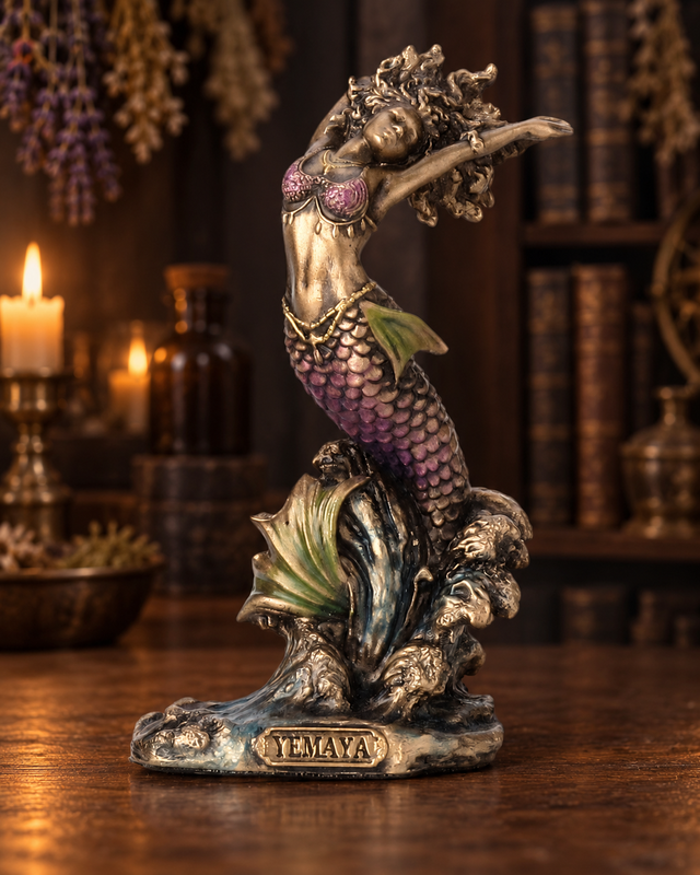 A decorative mermaid figurine labeled 'YEMAYA' stands on a wave base on a wooden surface, with a softly blurred library or study background and candles visible.