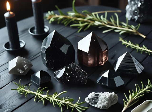 Black candles and assorted healing crystals on a dark wooden table with rosemary sprigs