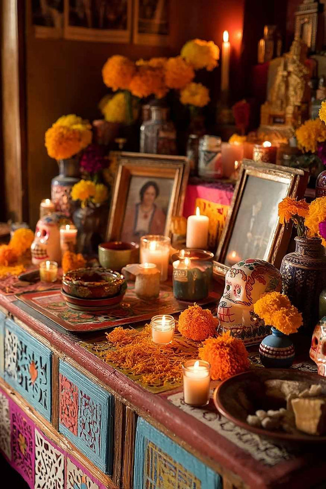 Colorful altar with marigold flowers, candles, sugar skulls, and framed photos for spiritual ritual