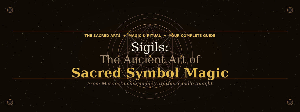 Sacred symbol magic sigil on dark background with geometric lines and mystical stars