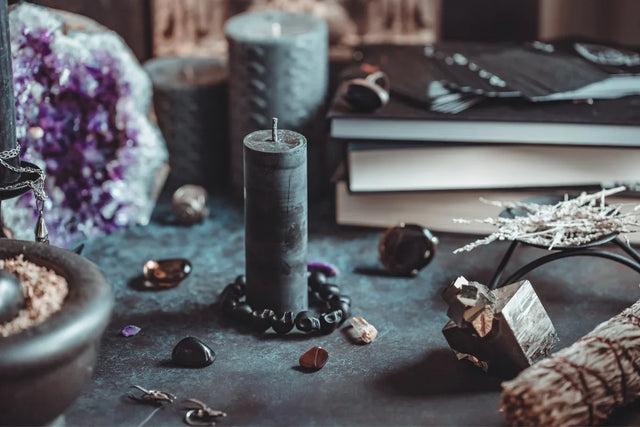 Black candle, crystals, gemstones, incense, dried herbs, and books on metaphysical altar