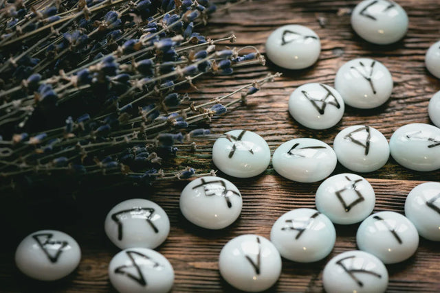 White rune stones and dried lavender on rustic wooden table, metaphysical divination tools