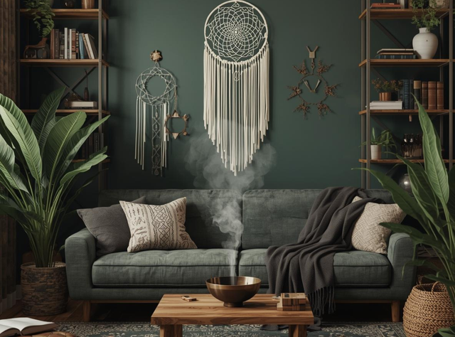 Cozy living room with dreamcatchers, crystals, plants, and incense smoke for spiritual decor