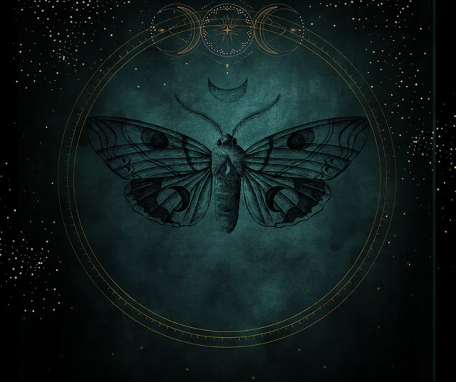 Mystical moth illustration with crescent moon and cosmic symbols on a starry teal background