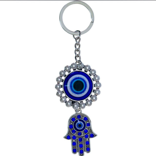 Blue evil eye and Hamsa hand keychain with metal chain and intricate design