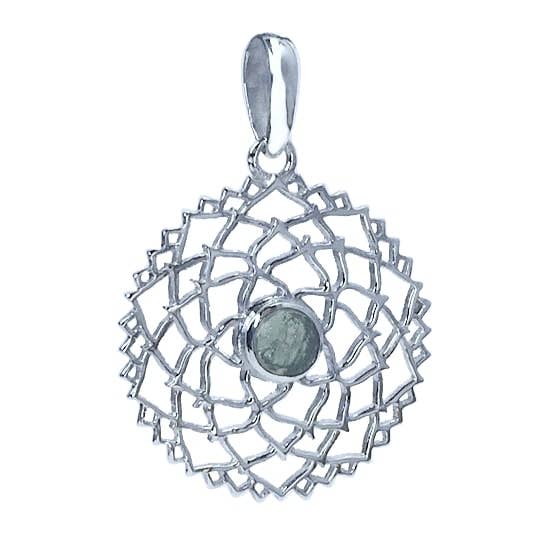 Silver lotus pendant with green gemstone centerpiece, spiritual jewelry, chakra necklace