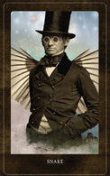 Surreal tarot card featuring a man in vintage suit and top hat with wings and steampunk glasses, labeled 'Snake'.