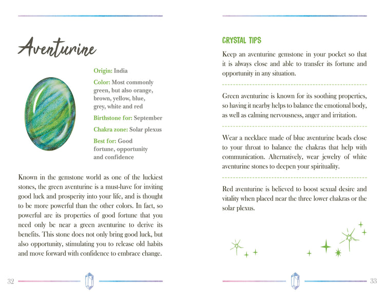 Aventurine crystal info page with gemstone image, chakra benefits, and crystal healing tips.