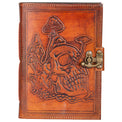 Brown leather journal with skull and mushroom embossing, metal clasp closure, gothic style