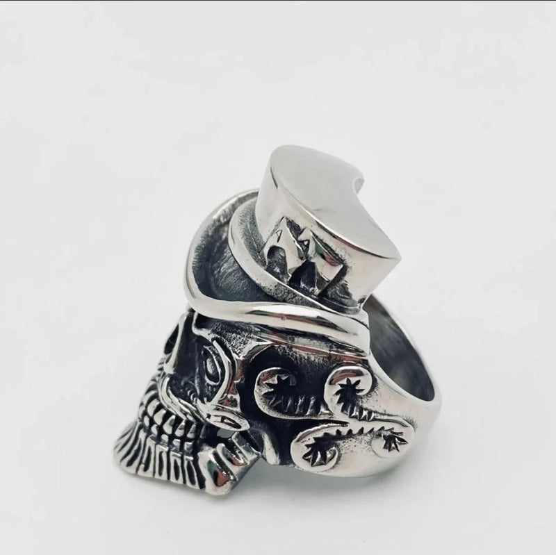 Stainless steel skull ring with top hat and engraved ornate detailing, gothic jewelry
