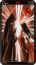 Death tarot card with hooded figure and woman, radiating light, labeled XIII La Muerte