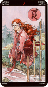 Red-haired woman in pink robe beside bamboo, tarot card Wands 3, summer symbol, metaphysical art