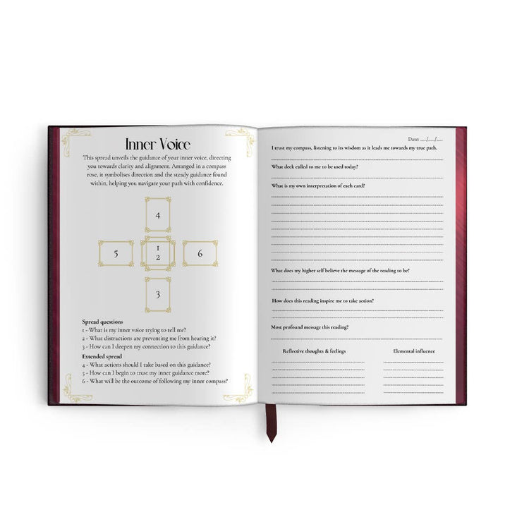 Open tarot journal featuring inner voice tarot spread layout and guided prompts for reflection.