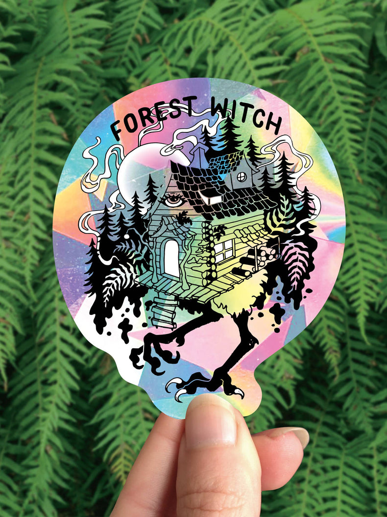Baba Yaga Rainbow Maker suncatcher decal, the Forest Witch hut on rainbow prismatic vinyl