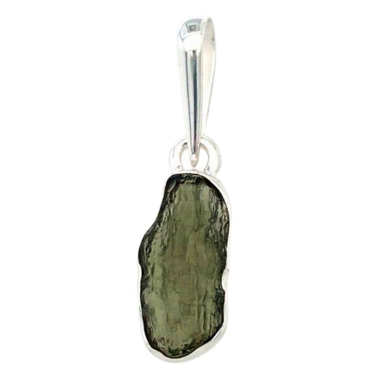 Raw green moldavite crystal pendant with sterling silver setting for spiritual jewelry