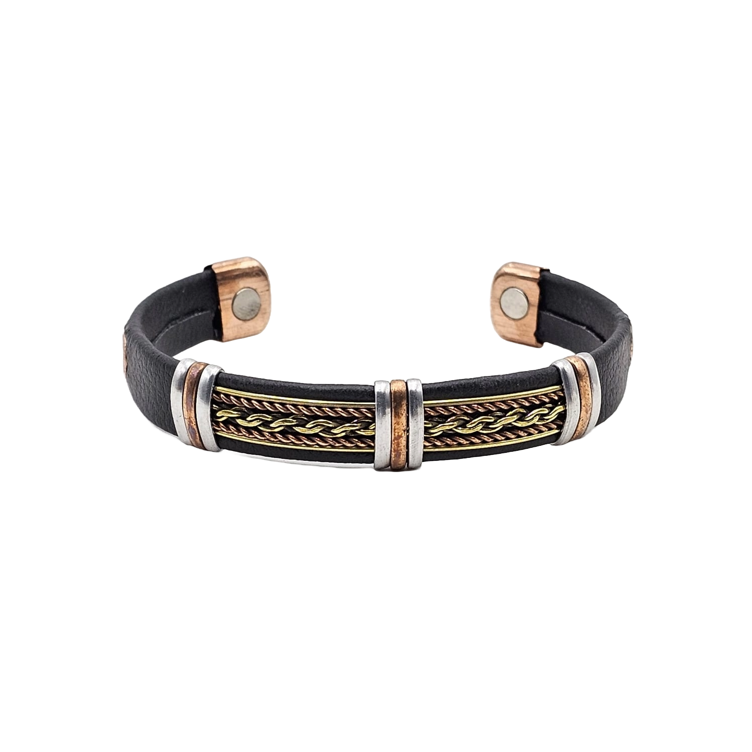 Solid Copper pvc Leather Wrapped Magnetic Bracelet Cuff: Silver Tone - B