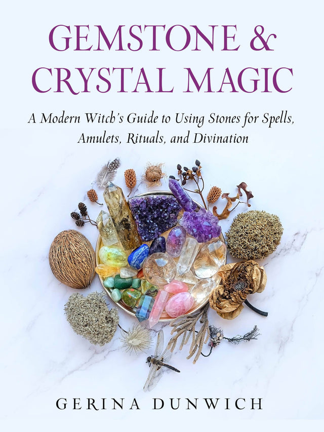 Book cover for 'Gemstone & Crystal Magic' featuring colorful crystals, dried flowers, and a dragonfly arranged on a white background.