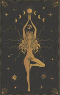 Decorative poster with a stylized illustration of a woman in a yoga pose against a starry night sky.