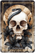 Tarot card with skull, black snake, black lilies, and 'Feed the future' text