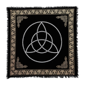 Black altar cloth with white triquetra symbol and gold Celtic knot border, ideal for spiritual rituals and tarot readings.
