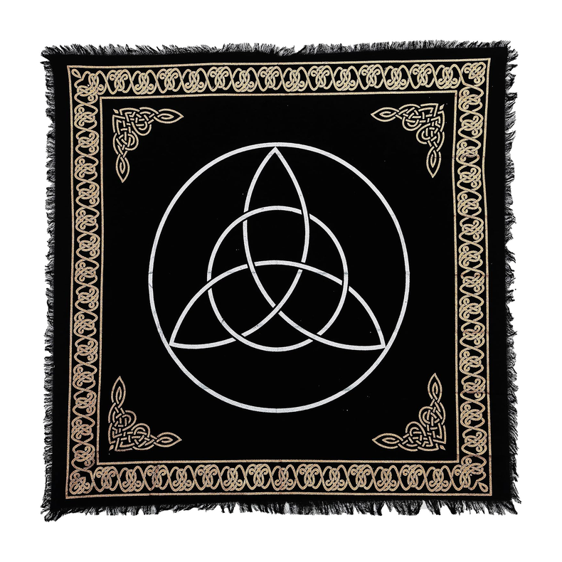 Black altar cloth with white triquetra symbol and gold Celtic knot border, ideal for spiritual rituals and tarot readings.