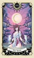 The Moon tarot card with mystical woman, crescent moon, and glowing aura for spiritual readings