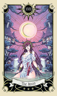 The Moon tarot card with mystical woman, crescent moon, and glowing aura for spiritual readings