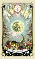 Ace of Coins tarot card with angel, coins, and cornucopia, symbolizing abundance and prosperity
