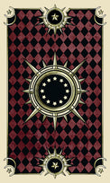 Tarot card with starry sunburst design on red and black diamond pattern, mystical esoteric art