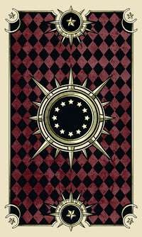 Tarot card with starry sunburst design on red and black diamond pattern, mystical esoteric art
