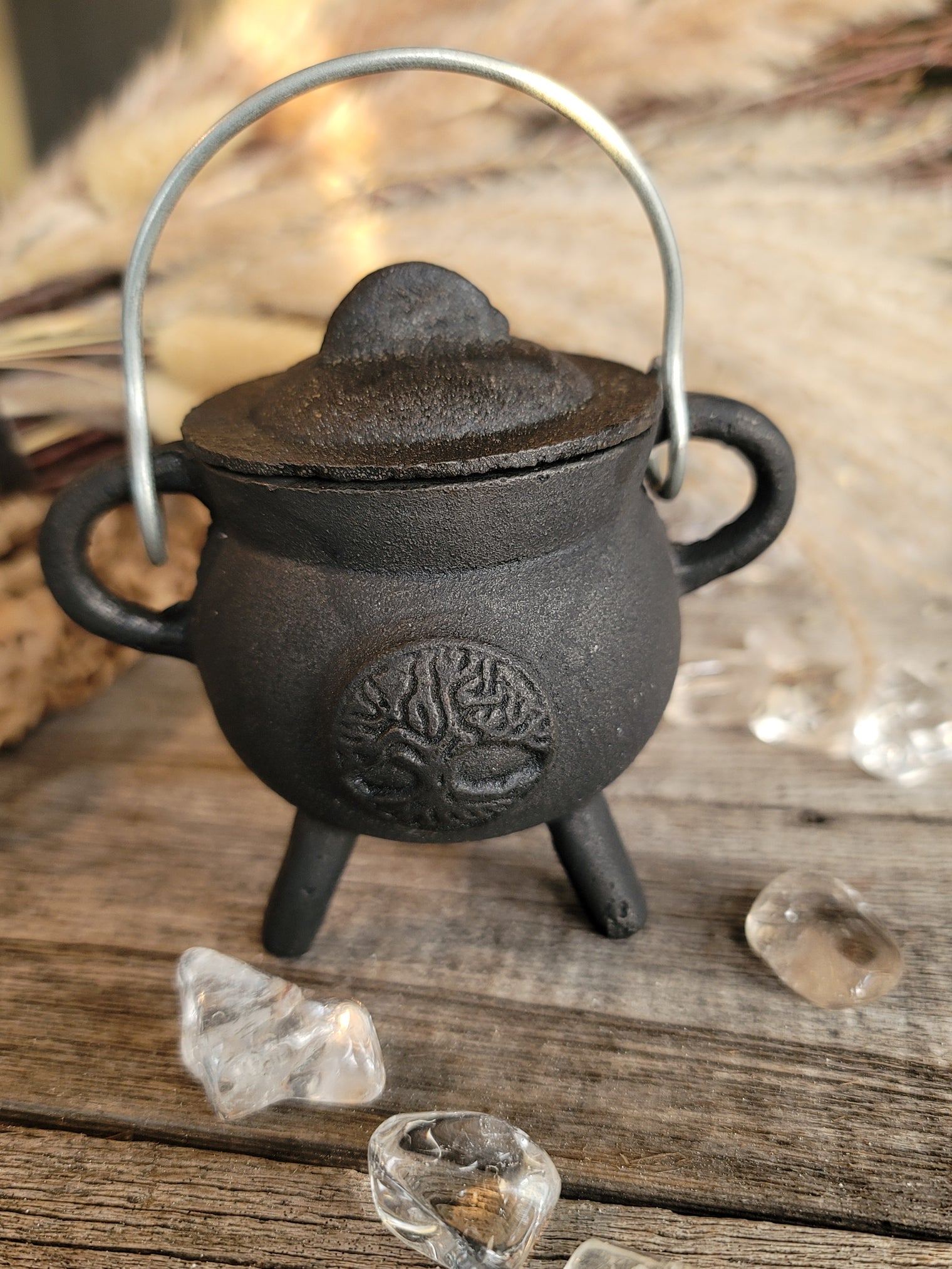 Mini Tree of Life Cast Iron Cauldron w/ Lid (3.5 in.)