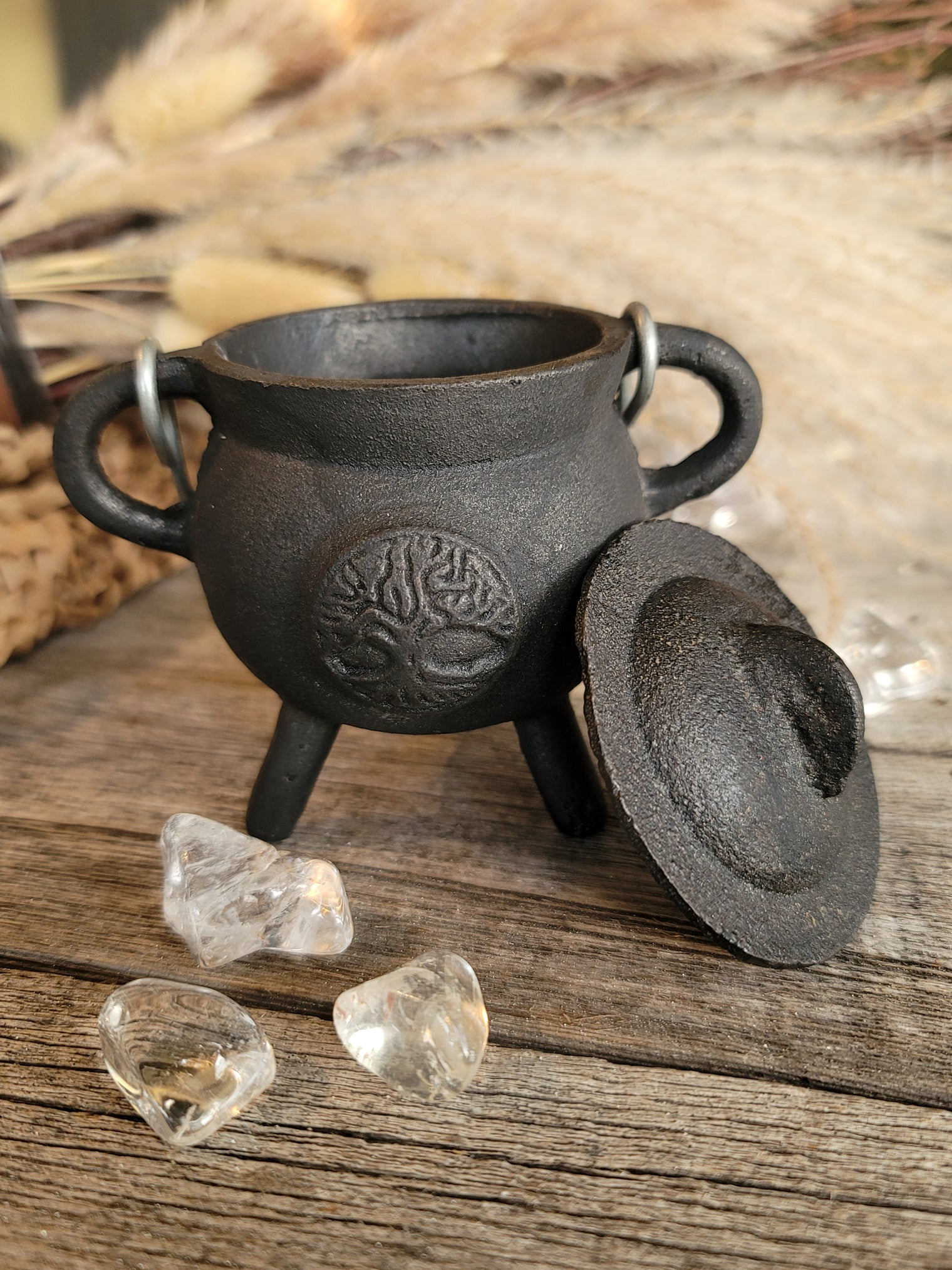 Mini Tree of Life Cast Iron Cauldron w/ Lid (3.5 in.)