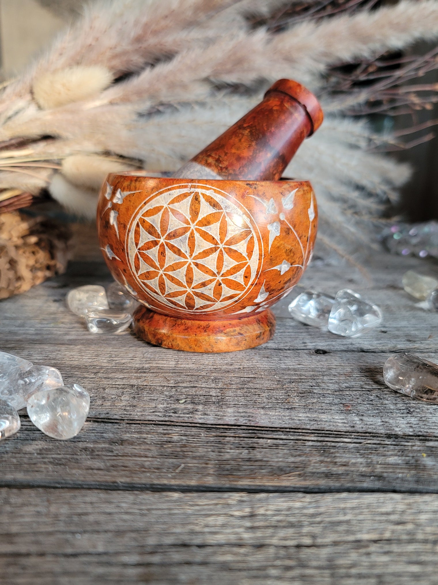 Mortar & Pestle Soapstone - Orange Flower of Life