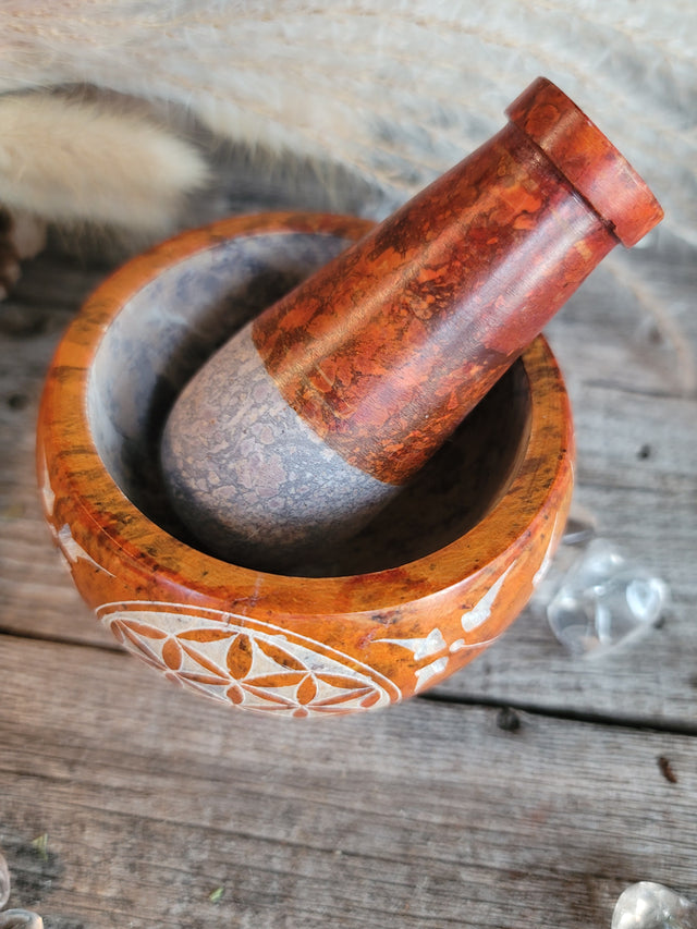 Mortar & Pestle Soapstone - Orange Flower of Life
