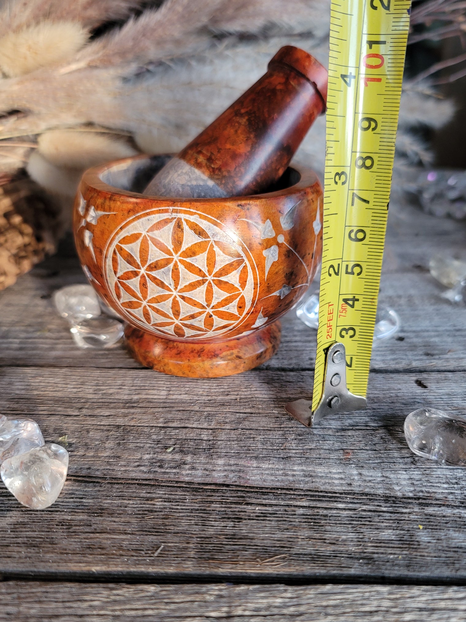 Mortar & Pestle Soapstone - Orange Flower of Life