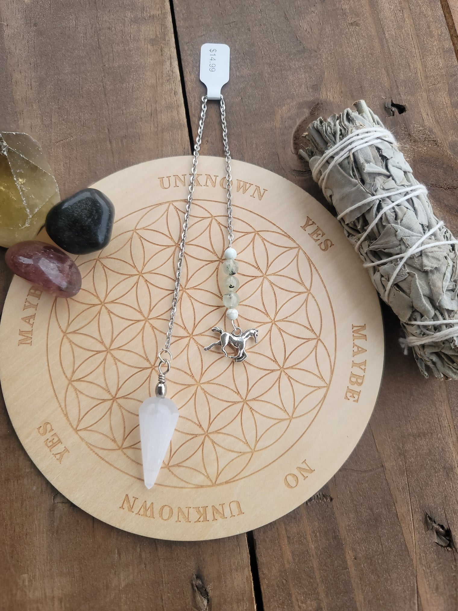 Selenite Pendulum with Prehnite, white turquoise, and horse charm