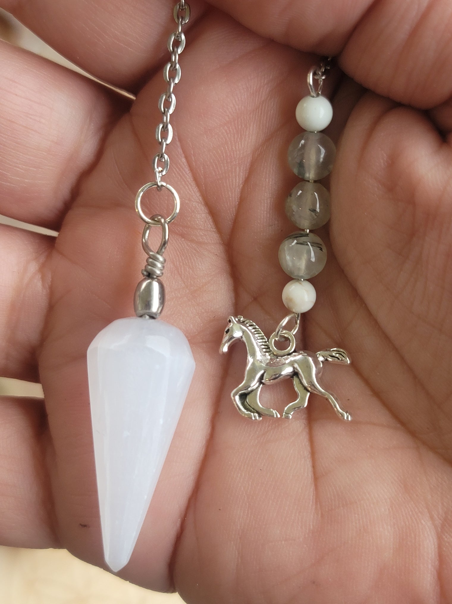 Selenite Pendulum with Prehnite, white turquoise, and horse charm