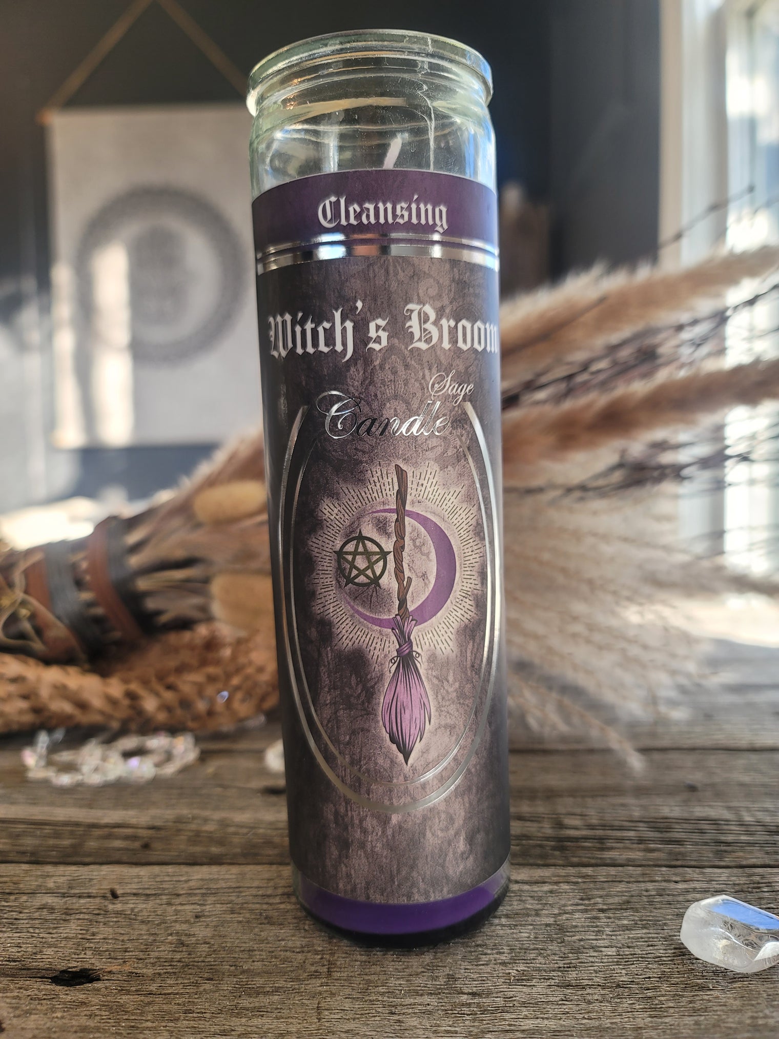 7 Day Glass Ritual Candle - Witch's Broom - Sage