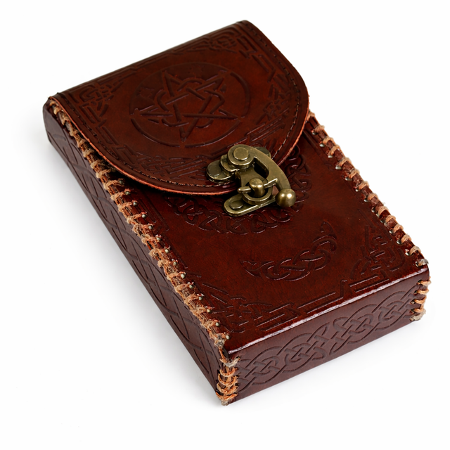 Handcrafted brown leather tarot card box with embossed pentagram and Celtic design